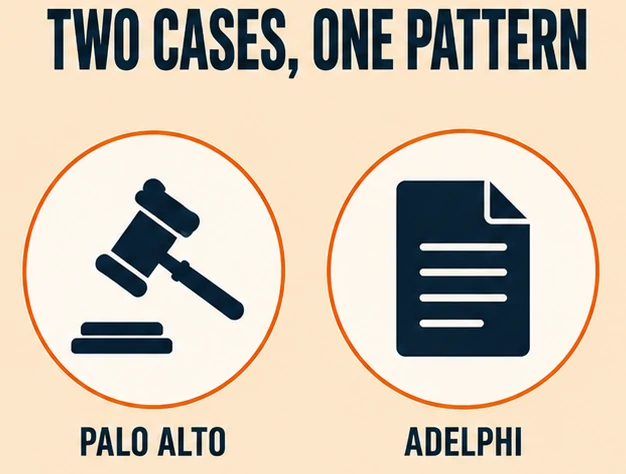 Icons representing the Palo Alto and Adelphi AI cheating detection lawsuits