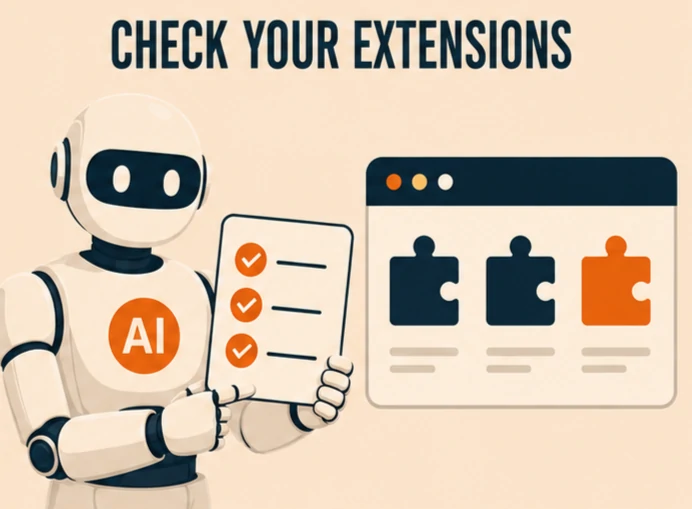 Illustration of an AI robot reviewing browser extensions after several were caught stealing chat data