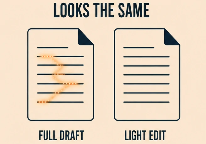 Illustration of two identical looking documents showing why a watermark cannot reveal how much AI assistance was used
