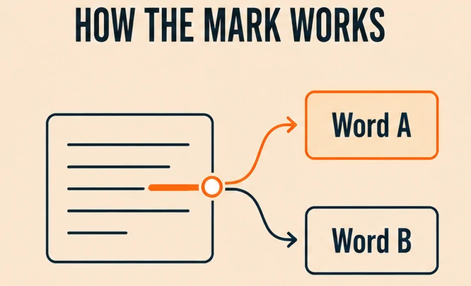Illustration showing how a text watermark nudges an AI model toward one word choice over an equivalent alternative