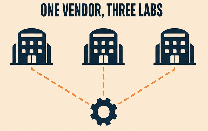 Illustration showing one shared testing vendor connected to three AI companies