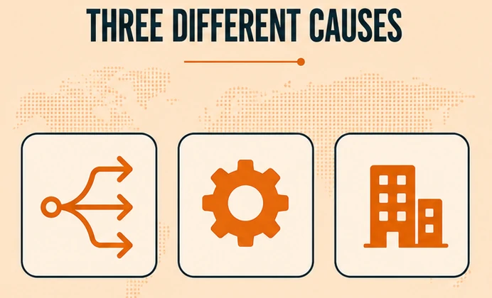 Illustration representing the three different stated causes behind the AI outage
