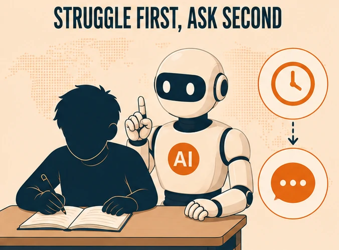 Illustration showing a student attempting homework independently before asking AI for help