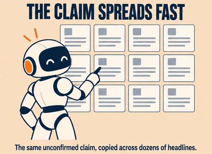 how an unconfirmed AI claim gets repeated across news coverage